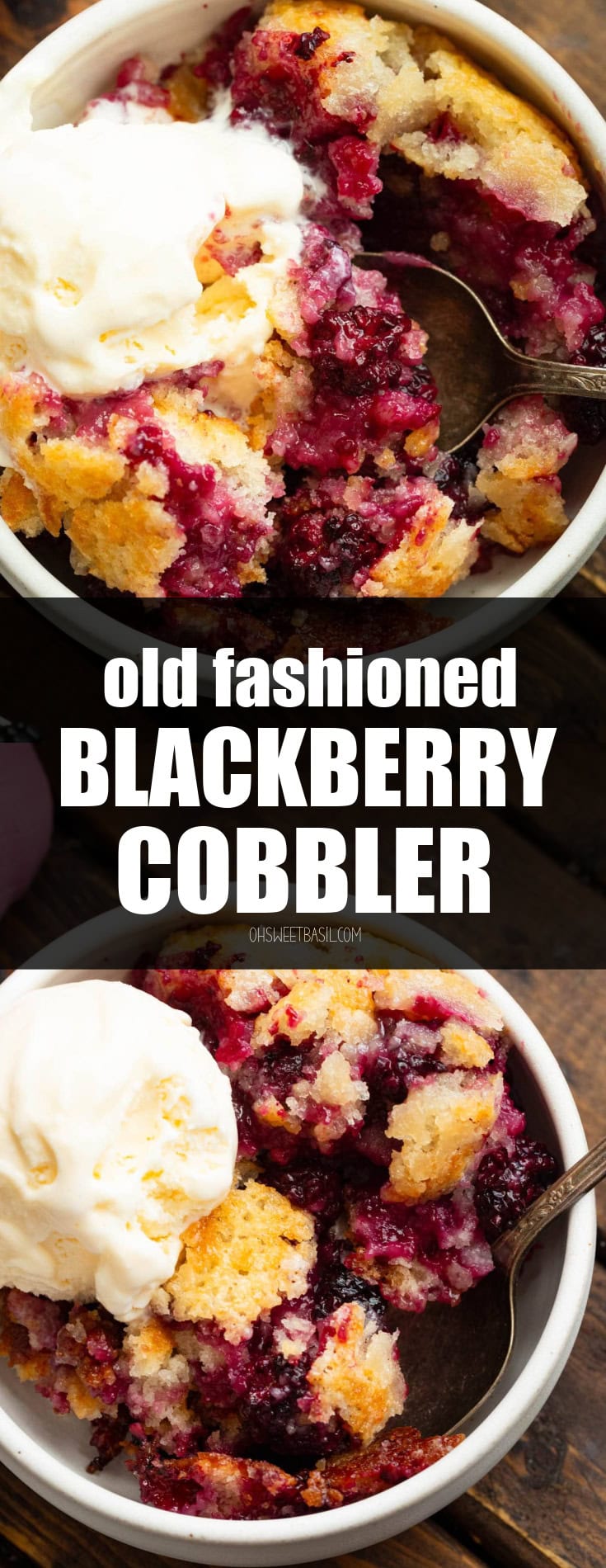 a photo of a bowl full of baked blackberry cobbler topped with a scoop of vanilla ice cream
