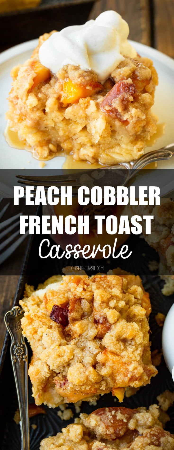a photo of a serving of golden baked peach cobbler french toast casserole topped with a dollop of whipped cream