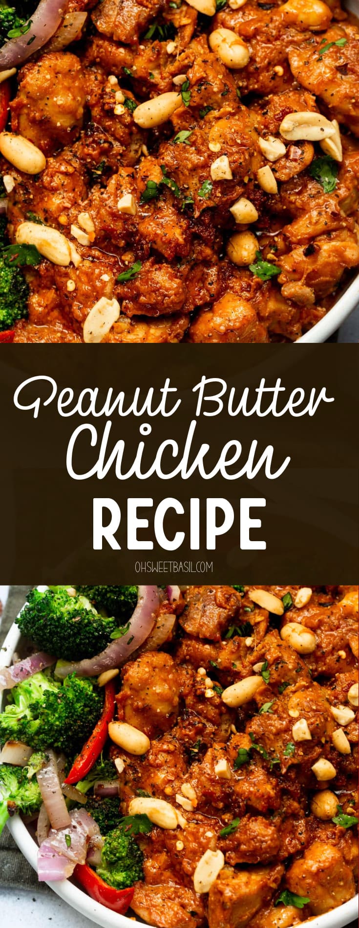 a photo of a serving of peanut butter chicken topped with cilantro and chopped peanuts with a side of broccoli salad