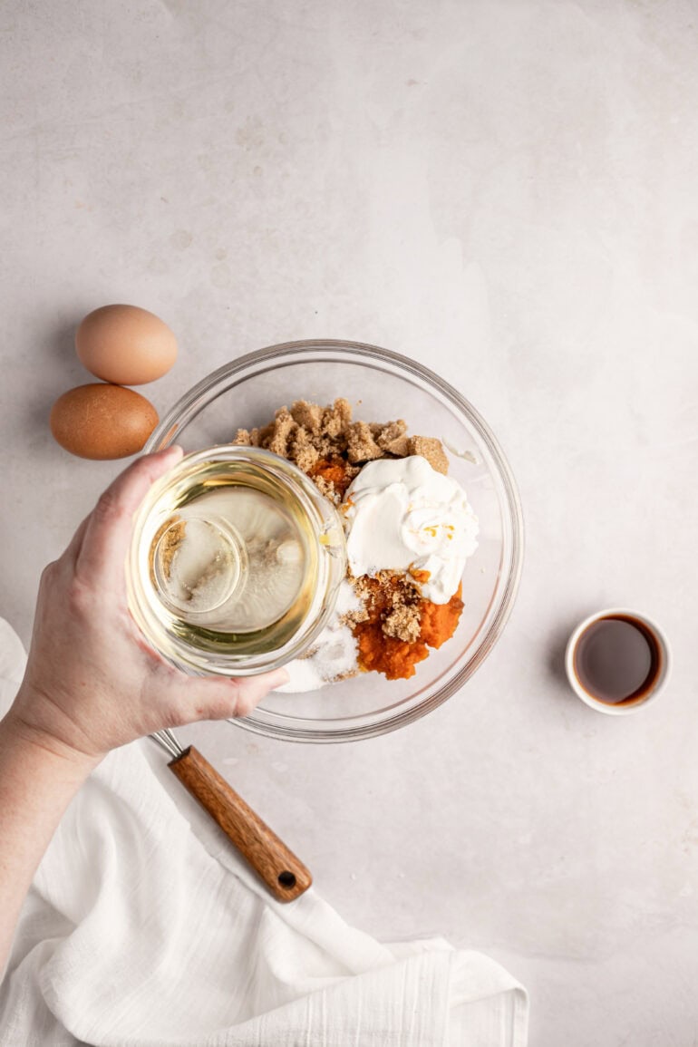 Mixing bowl filled with fall baking ingredients