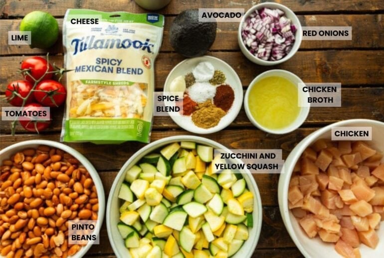 all the ingredients for mexican chicken skillet in separate smaller bowls