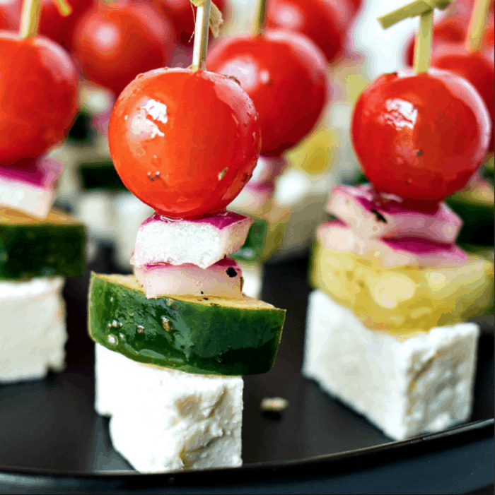 feta, cucumber, red onion and tomatoes on mini skewers