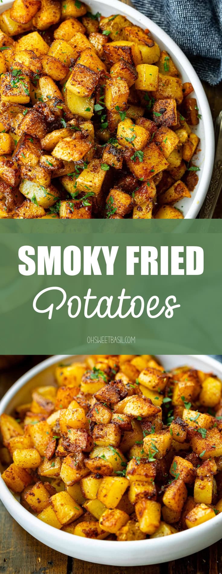 a photo of a large serving bowl filled with crispy fried potatoes topped with fresh herbs