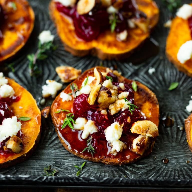 Sweet Potato Rounds with Cranberry, Feta and Hazelnuts