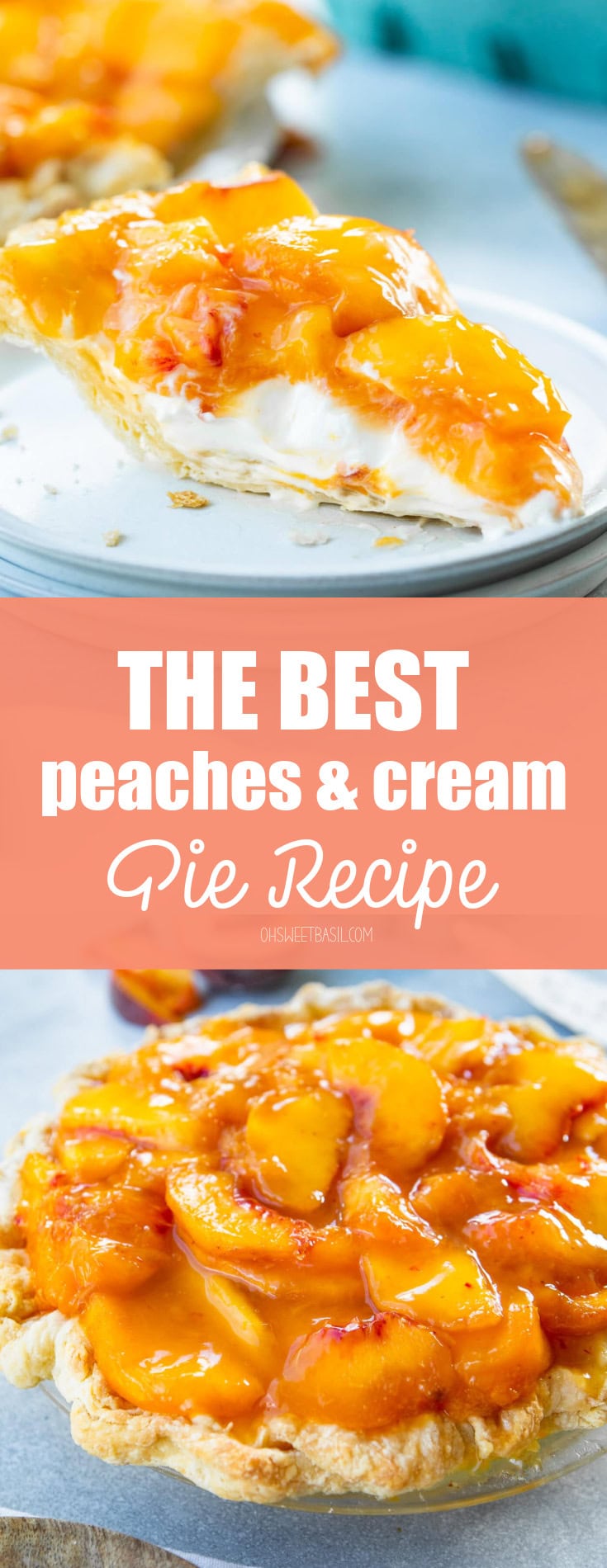 a photo of a single slice of creamy peach pie sitting on a small white dessert plate with a homemade crust, a creamy base layers and topped with a layer of juicy peaches.