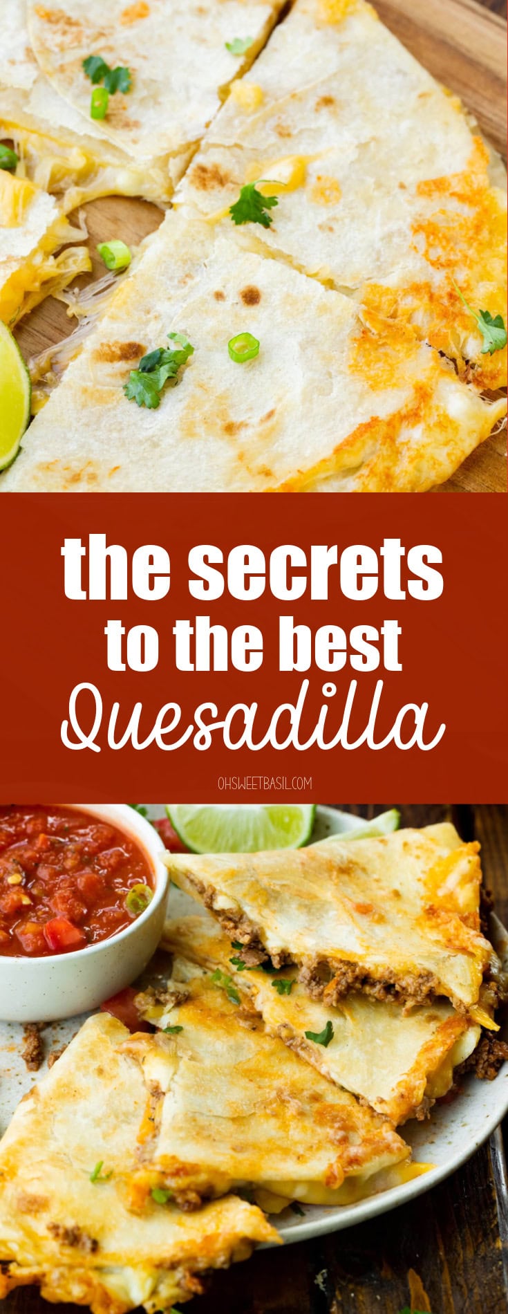 a photo of several triangular segments of golden cheesy ground beef quesadilla sitting on a plate next to a small bowl of salsa