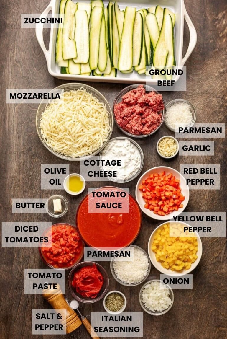 Ingredients for all zucchini lasagna in small bowl