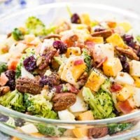 a glass bowl full of bacon, cheese, pepitas, craisins, broccoli, pecans and apples for the yummiest harvest cobb salad with poppy seed dressing