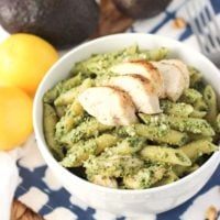 This avocado pesto chicken pasta is a quick weeknight meal with a lighter and creamy sauce. A great way to use leftover chicken!