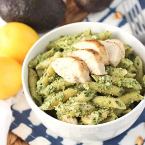 This avocado pesto chicken pasta is a quick weeknight meal with a lighter and creamy sauce. A great way to use leftover chicken!