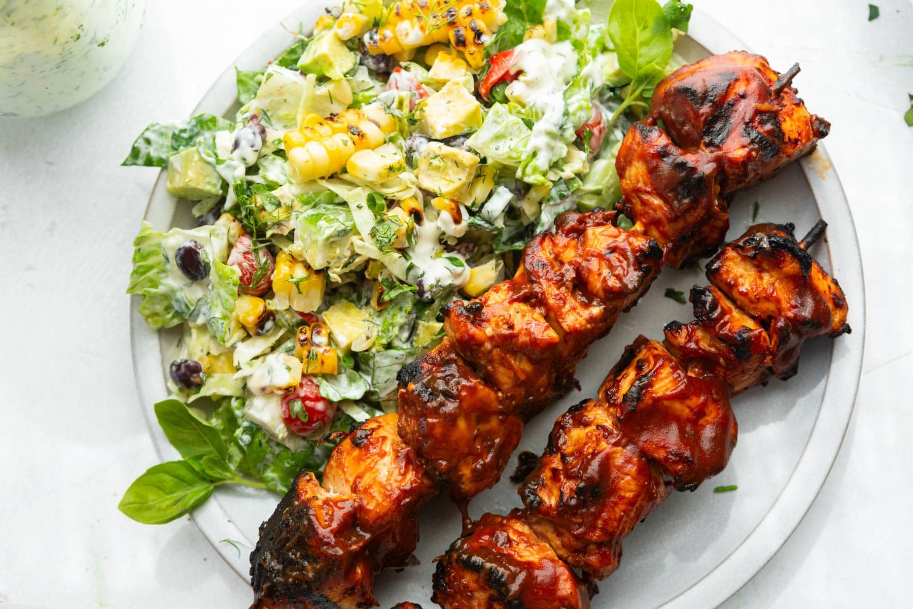 Grilled BBQ Chicken Kabobs with Creamy Ranch Salad