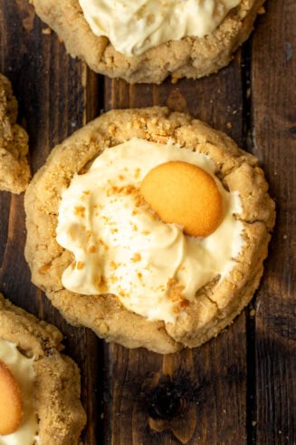 a photo taken over the top of a banana cream pie cookie topped with a Nilla wafer and graham cracker crumbs