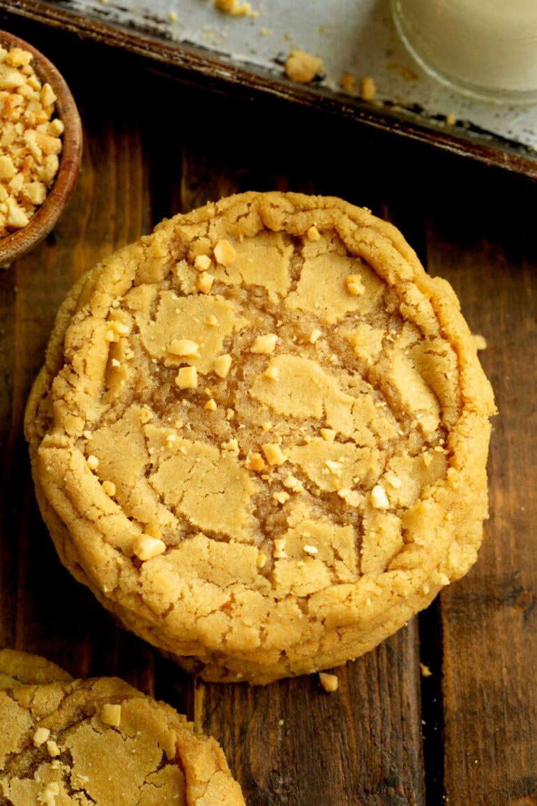 Photo taken on top of chewy peanut butter cookies on wooden table