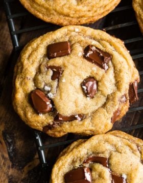 a perfect chocolate chip cookie made with melted butter and big chunks of semi sweet chocolate
