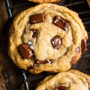 a perfect chocolate chip cookie made with melted butter and big chunks of semi sweet chocolate