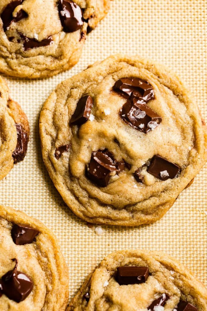 a perfect chocolate chip cookie made with melted butter and big chunks of semi sweet chocolate