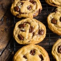 a perfect chocolate chip cookie made with melted butter and big chunks of semi sweet chocolate