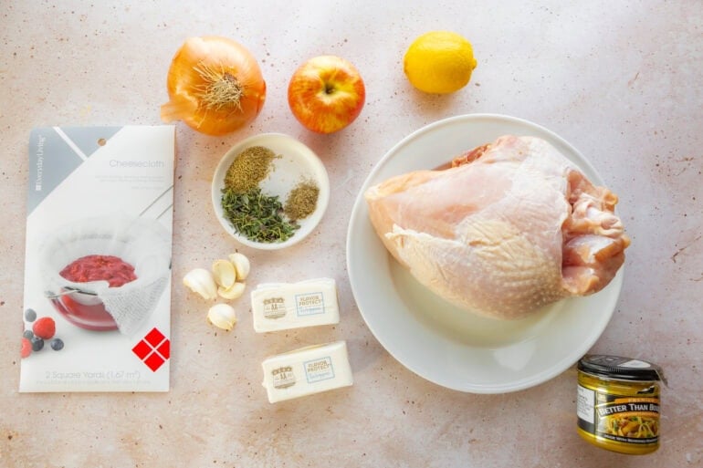 all the ingredients for a whole roasted turkey using cheesecloth