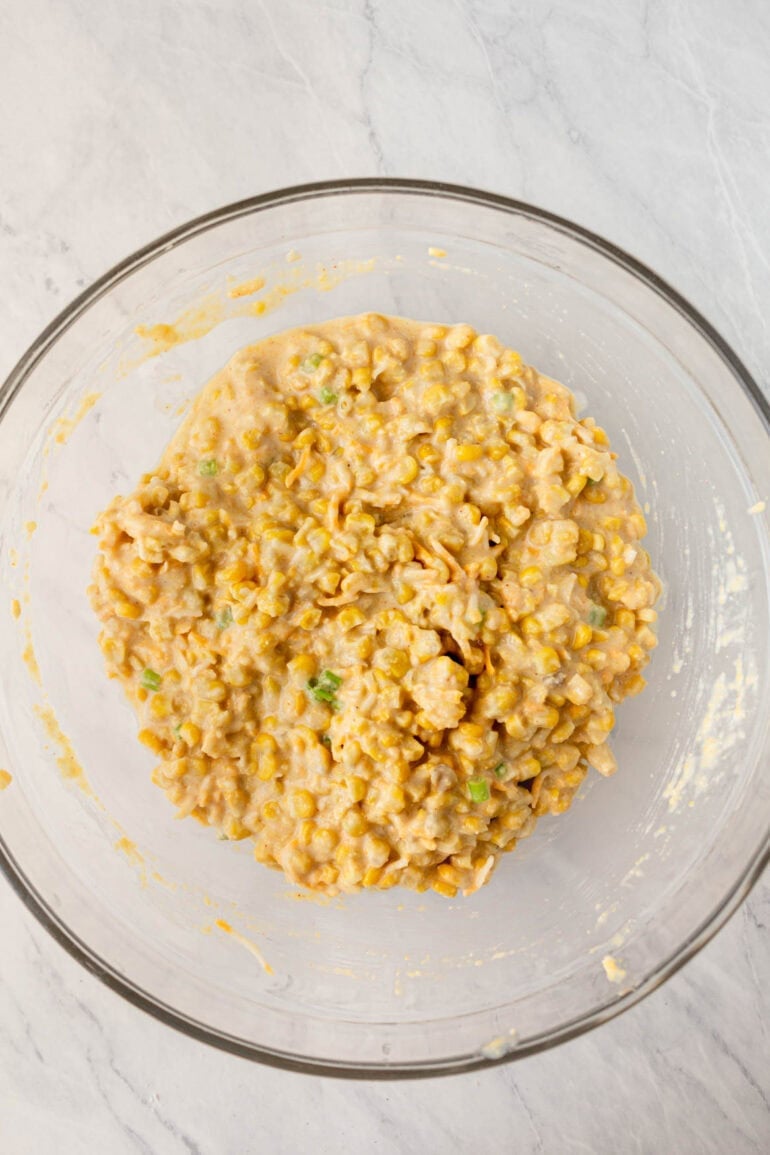 four photos showing each step of making cheesy corn fritters