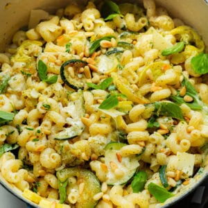 a large pot of tender creamy pasta, sliced zucchini and yellow squash and fresh herbs