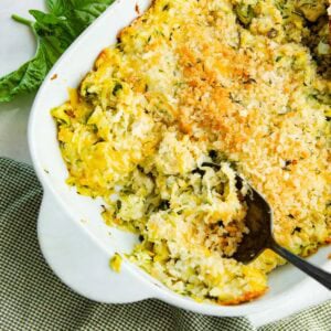 Cheesy zucchini casserole with a golden crispy panko breadcrumb topping