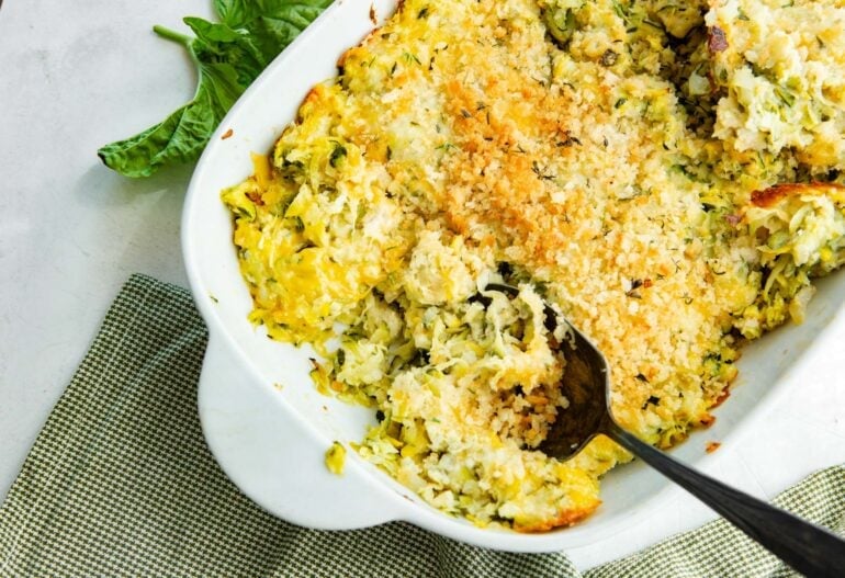 Cheesy zucchini casserole with a golden crispy panko breadcrumb topping