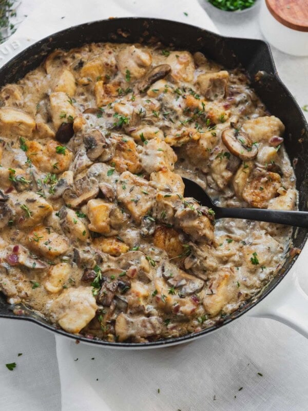 Chicken stroganoff in a Dutch Oven with a serving spoon. There are chunks of chicken and mushrooms in a creamy sauce.