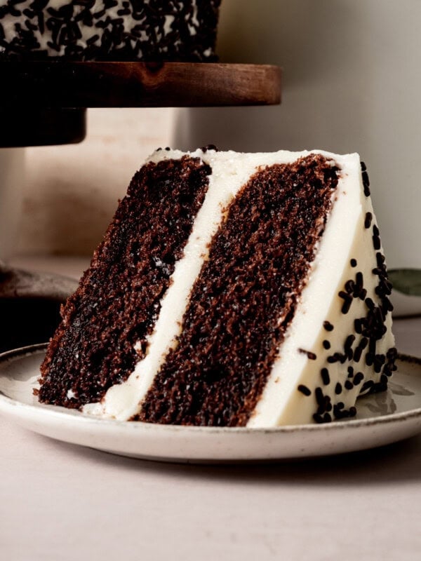 a slice of 2 layer chocolate cake covered and filled with vanilla buttercream frosting and covered with chocolate sprinkles