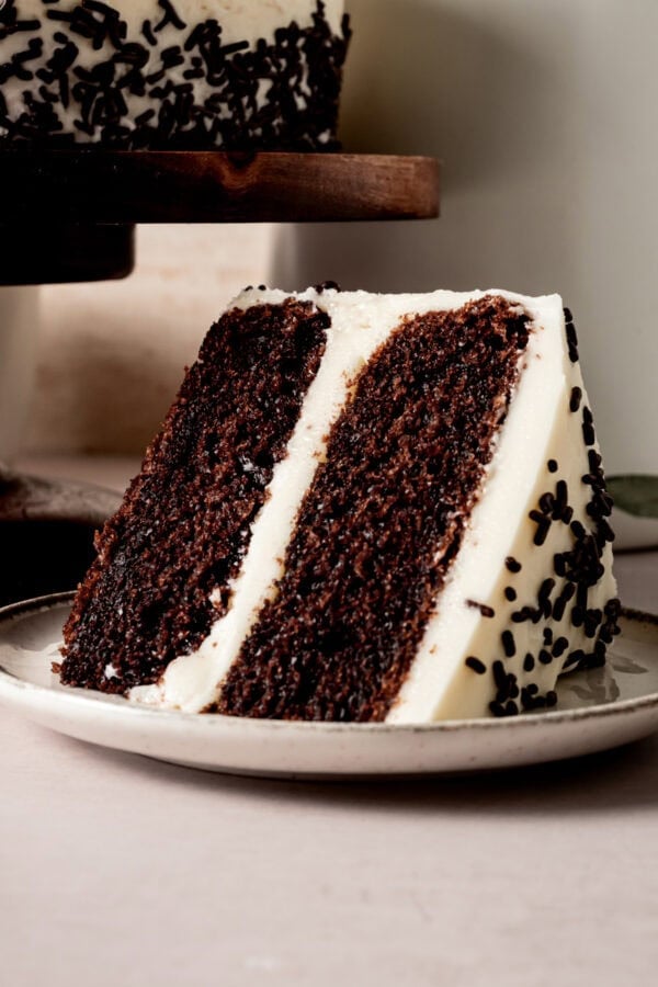 a slice of 2 layer chocolate cake covered and filled with vanilla buttercream frosting and covered with chocolate sprinkles