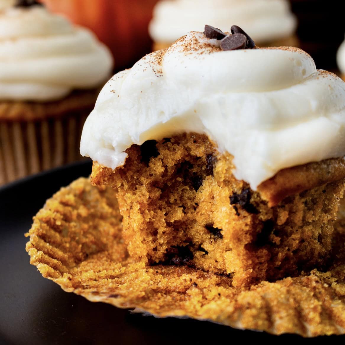 Pumpkin Chocolate Chip Cupcakes with Cream Cheese Frosting