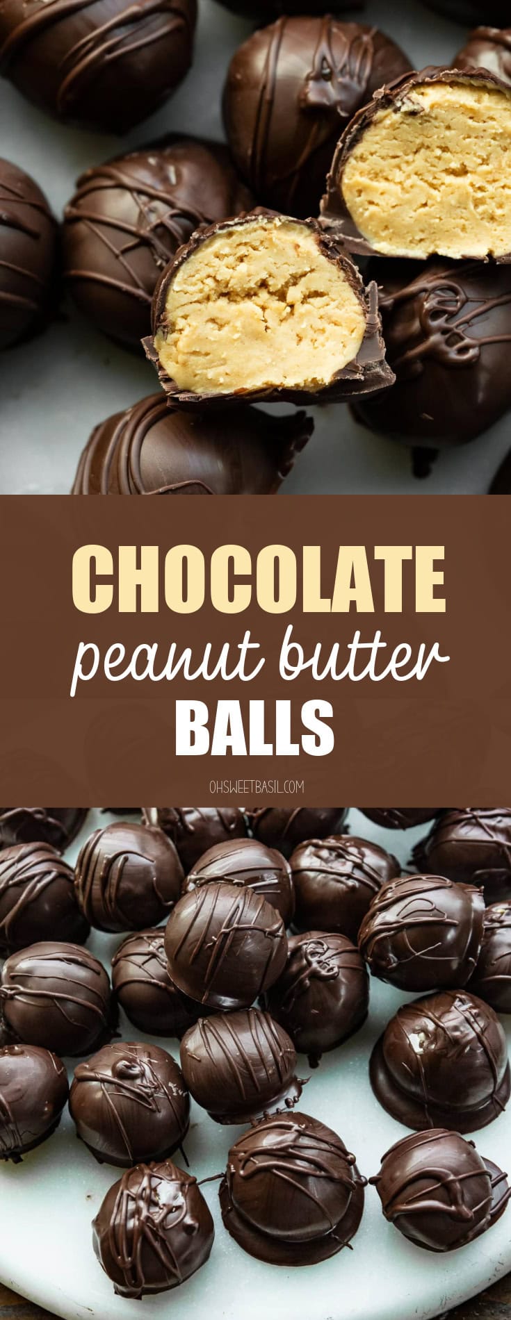 a photo of a peanut butter truffle coated in dark chocolate that is cut in half so you can see the inside