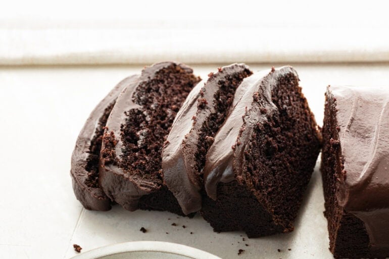 a side view of slices of chocolate pumpkin bread