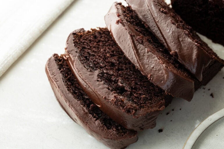 thick slices of pumpkin chocolate bread topped with a decadent ganache 