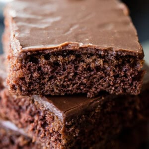 The classic chocolate sheet cake with a cooked chocolate frosting ohsweetbasil.com