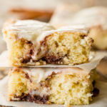 It's happening!! I love sheet cakes! This Cinnabon cinnamon roll sheet cake is one of my newest obsessions. Plus, Cooked Vanilla Cream Cheese Frosting!
