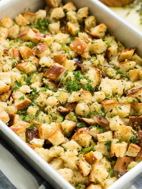 A photo of classic stuffing in a baking dish.