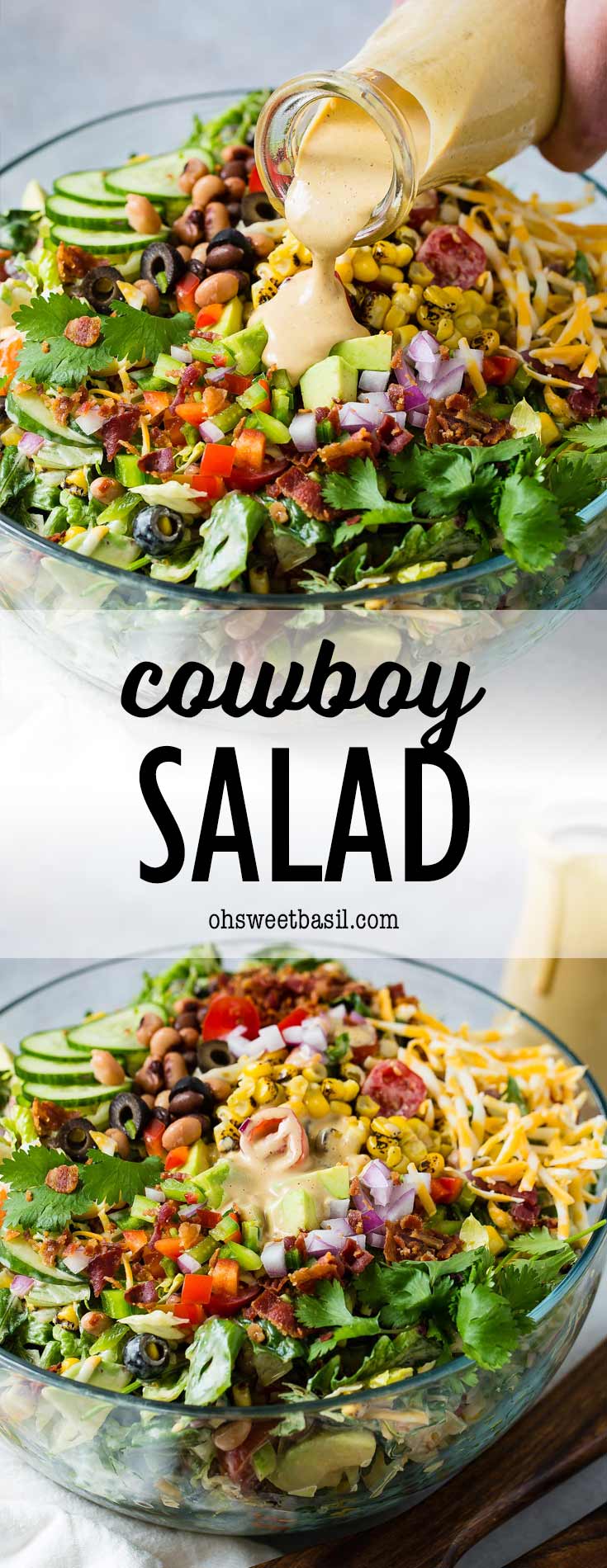 a bowl of salad with veggies, cheese and bacon with a bbq salad dressing being poured on top