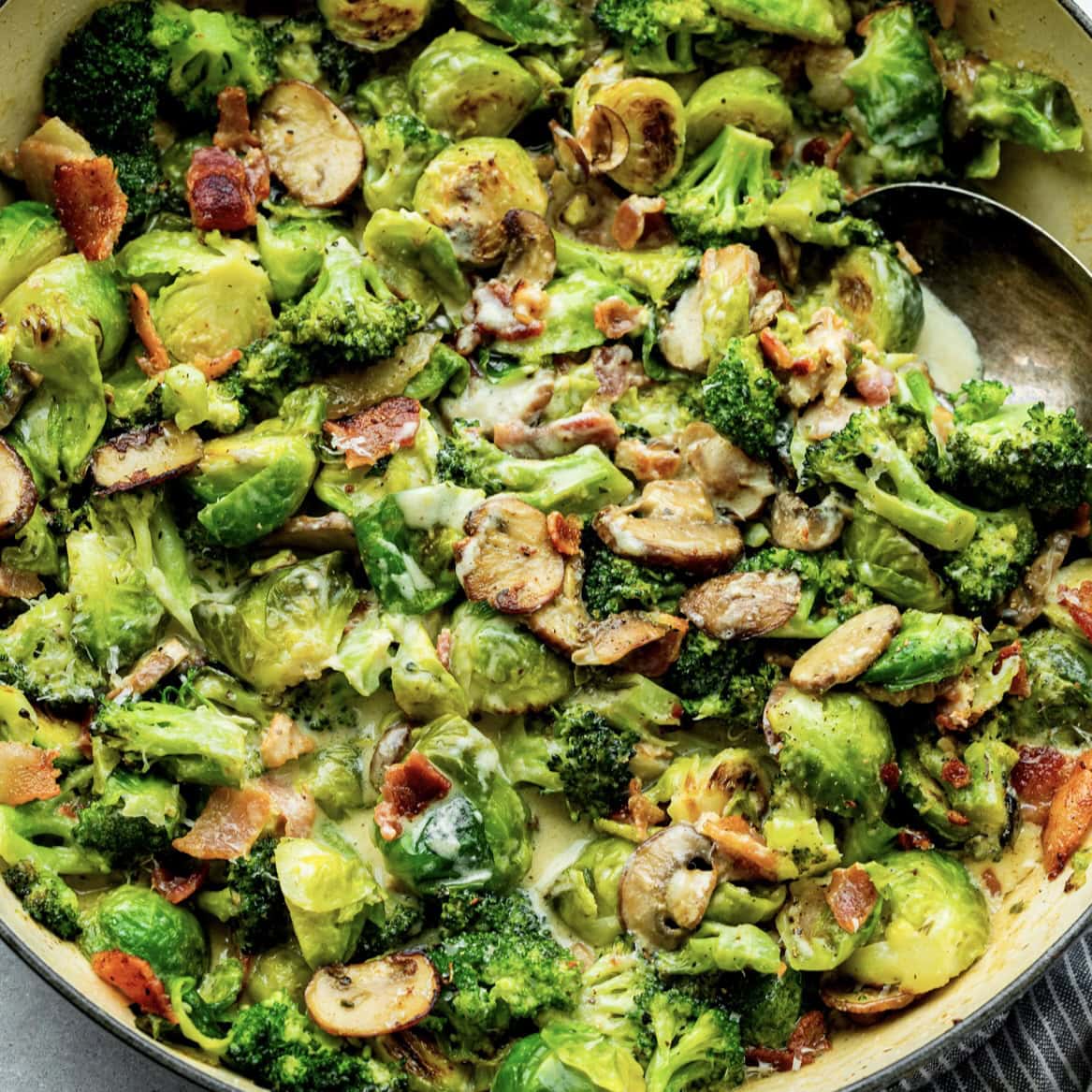Creamy Garlic Parmesan Brussel Sprouts and Broccoli