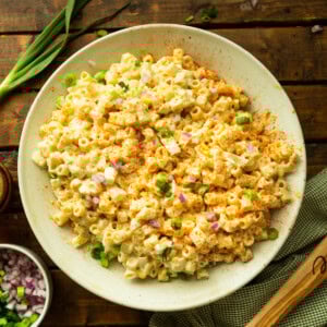 a photo of a bowl full of creamy deviled egg pasta salad