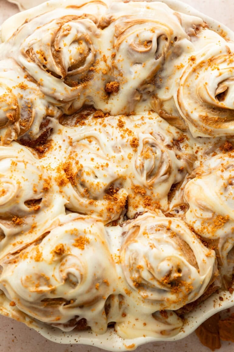 Biscoff pull apart bread topped with cream cheese frosting and swirled Biscoff cookie butter