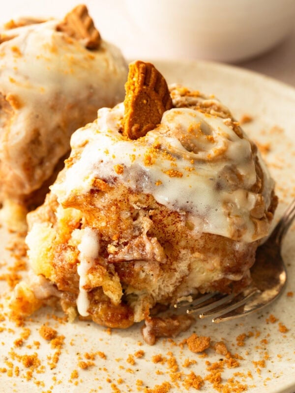 Soft Biscoff cinnamon pull apart roll showing the fluffy interior and cinnamon sugar coating