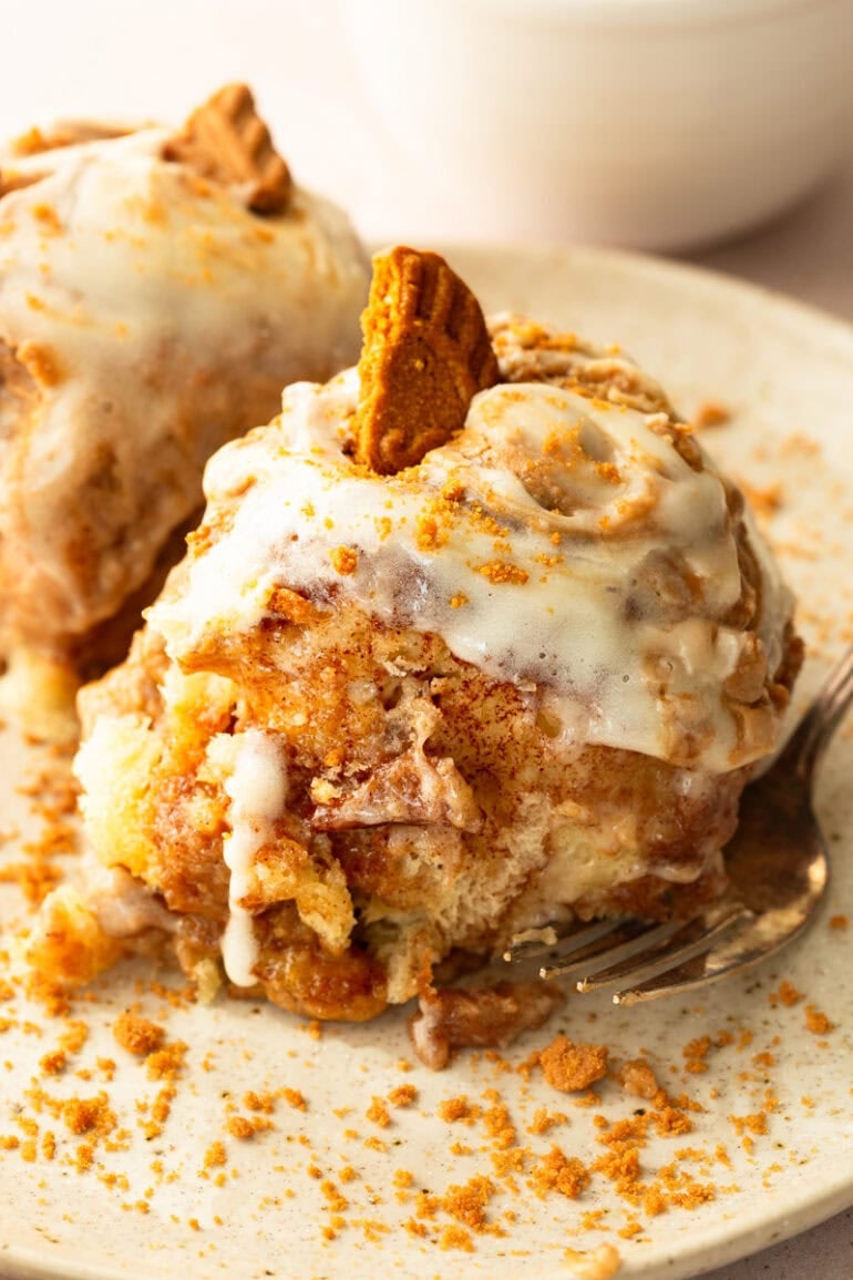 Soft Biscoff cinnamon pull apart roll showing the fluffy interior and cinnamon sugar coating