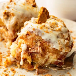 Close-up of fluffy Biscoff pull apart bread with cinnamon sugar and cookie butter frosting