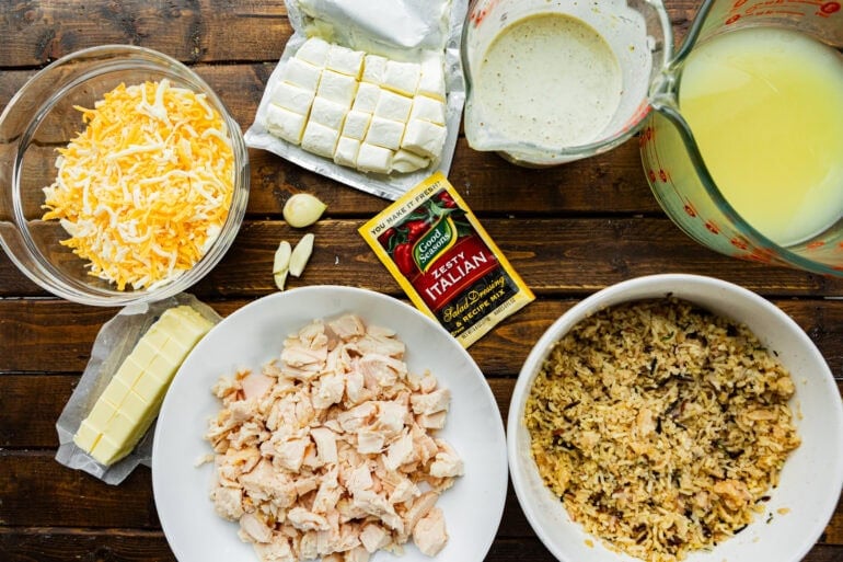 a photo of all the ingredients for angel chicken and rice casserole