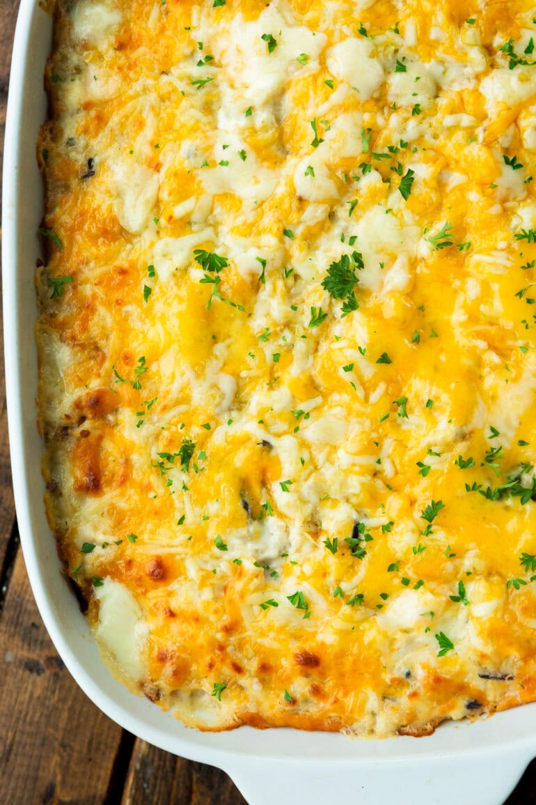 a photo of cheesy chicken and rice casserole topped with melted cheese and fresh parsley