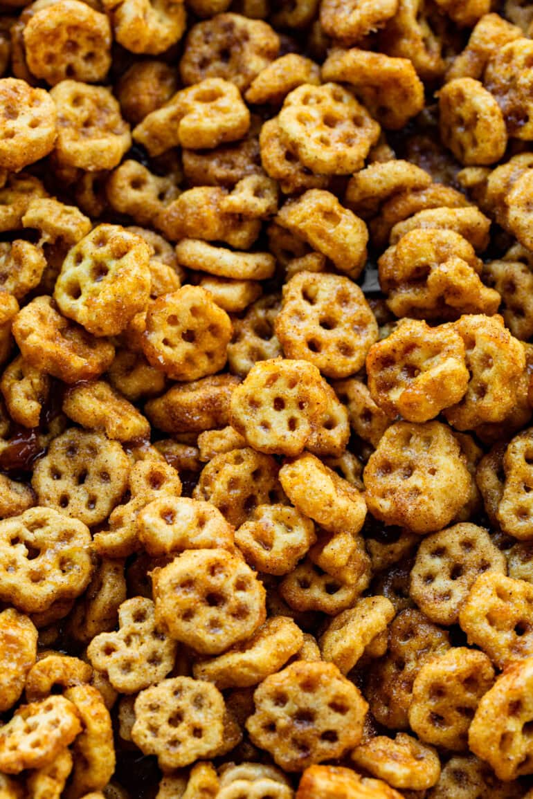 a photo of cinnamon sugar and caramel coated honeycomb cereal