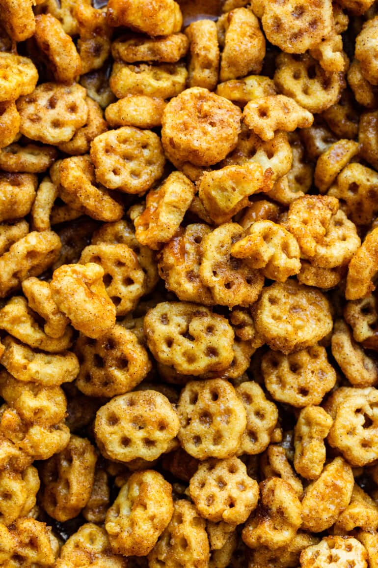 a photo of honeycomb cereal coated in caramel and cinnamon sugar
