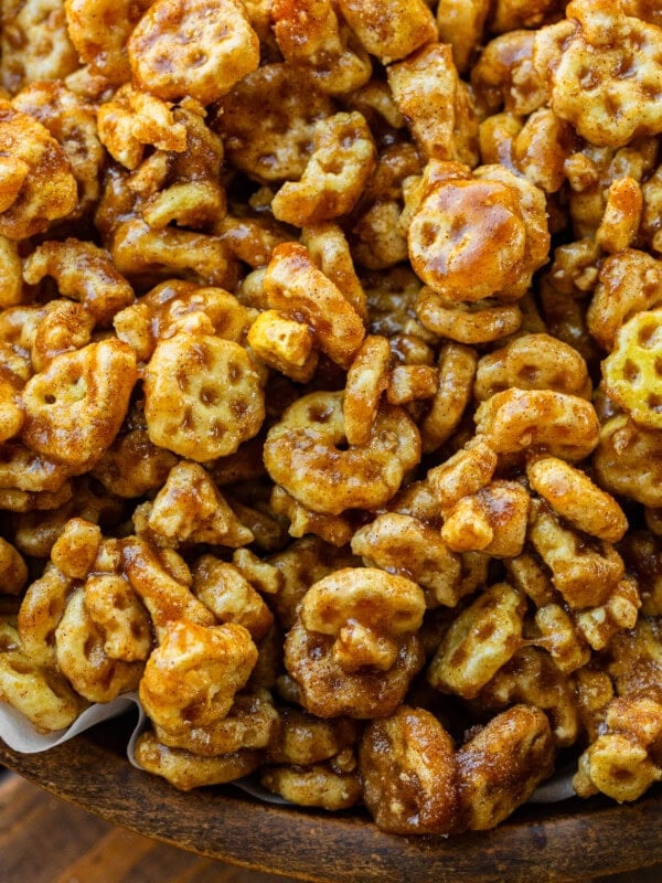 a photo of caramel coated honeycomb cereal tossed in cinnamon sugar