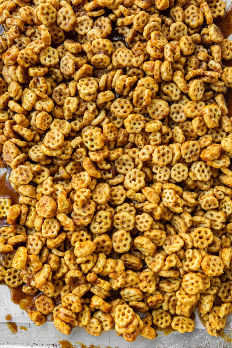 a photo gallery of the steps for making honeycomb churro snack mix