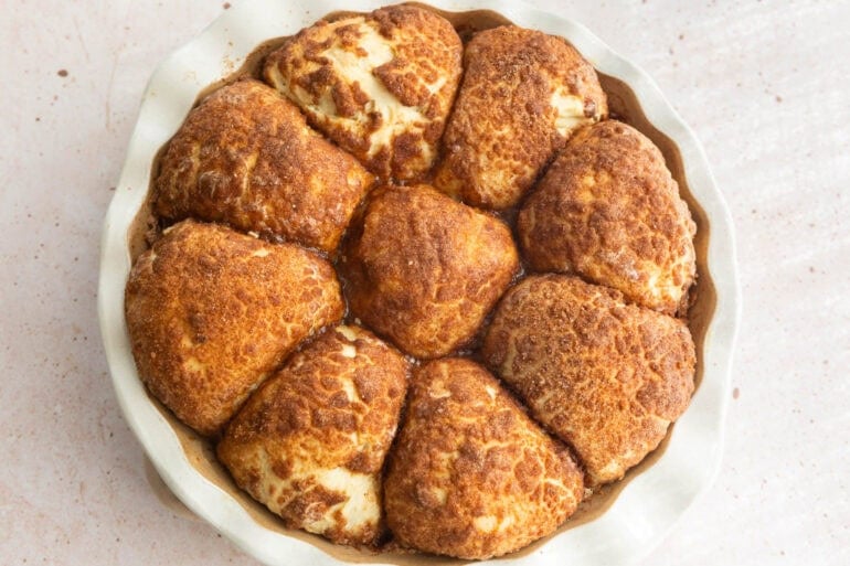 Freshly baked cinnamon pull apart bread before adding homemade cream cheese frosting